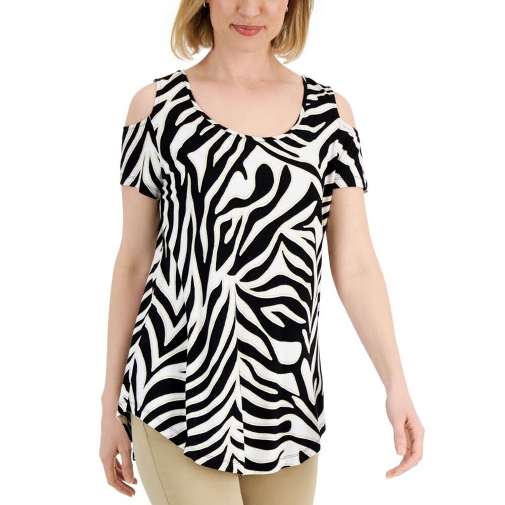 JM Collection Womens Animal Print Cold Shoulder Top